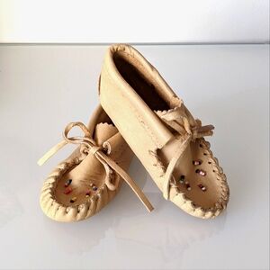 Size 5 Baby Beaded Leather Soft Sole Moccasin's - Natural Tan